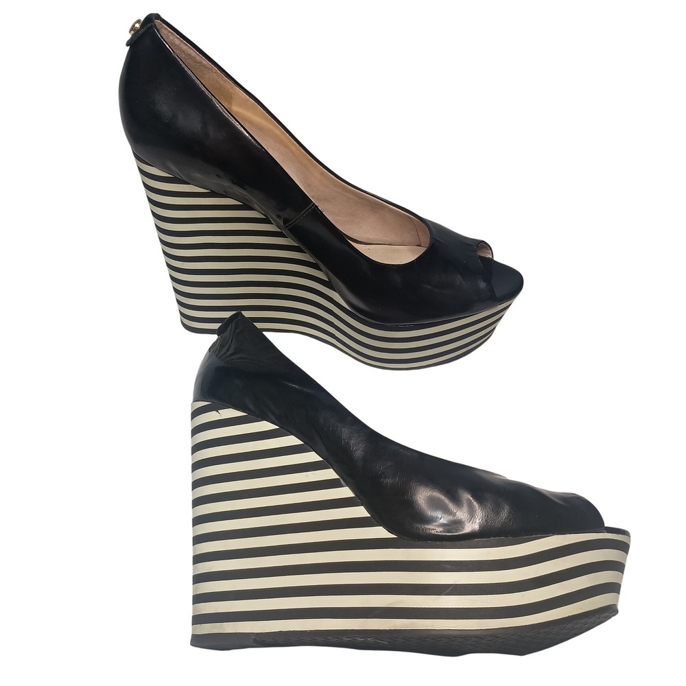 Michael Kors‎ Adalia Peep Black Patent Leather Stripe Detail Wedge Heels SKUW669 - Picture 5 of 7